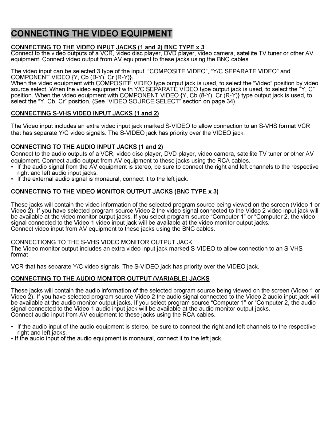 Eiki LC-X1UL, LC-X1UA instruction manual Connecting the Video Equipment 