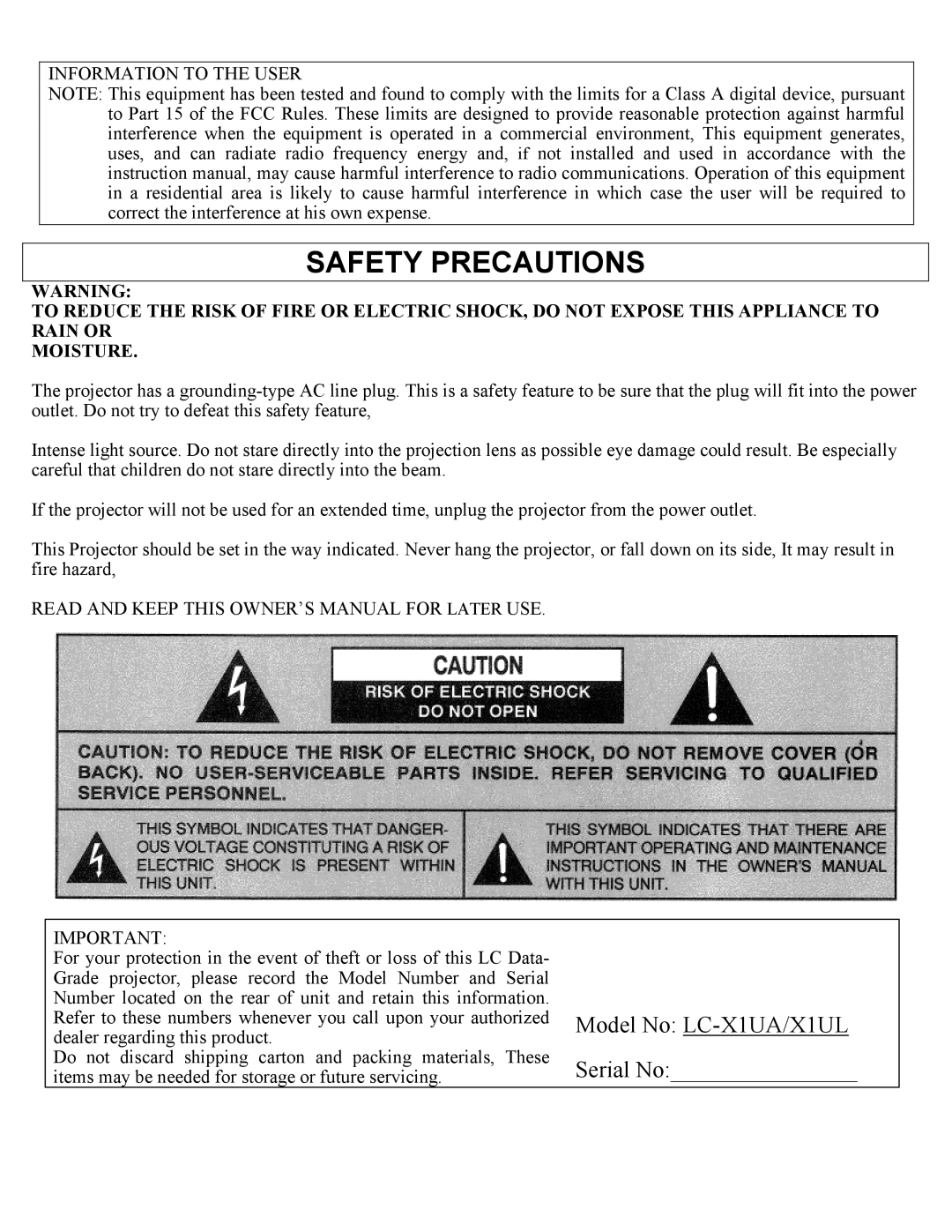 Eiki LC-X1UA, LC-X1UL instruction manual Safety Precautions 