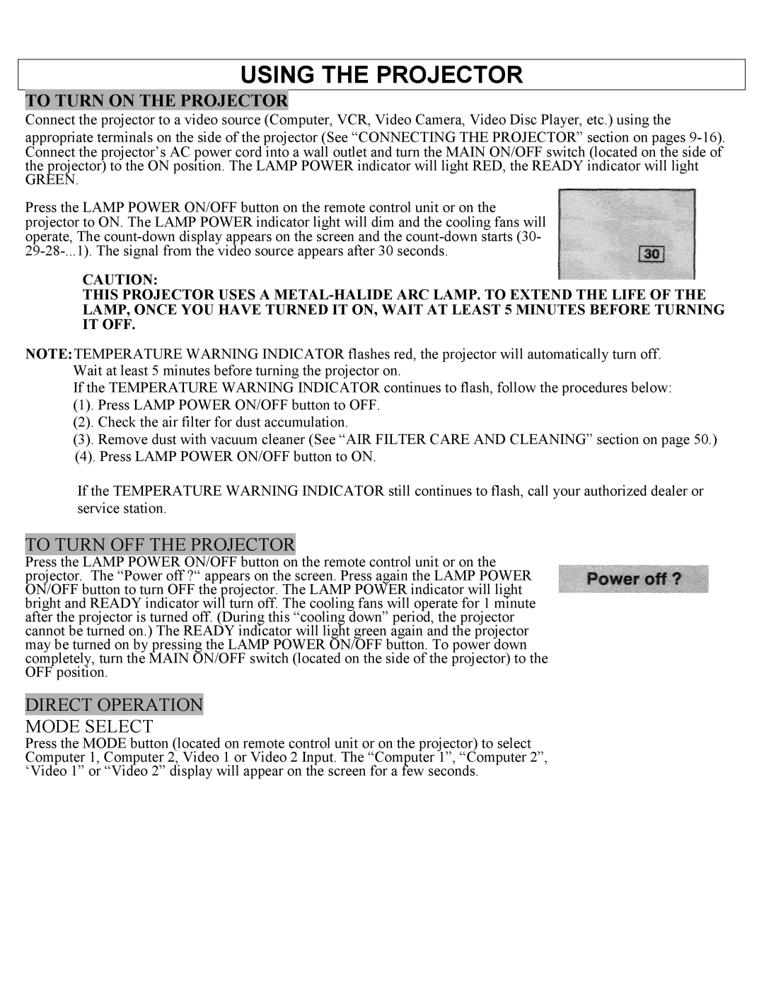 Eiki LC-X1UL, LC-X1UA instruction manual Using the Projector, To Turn on the Projector 