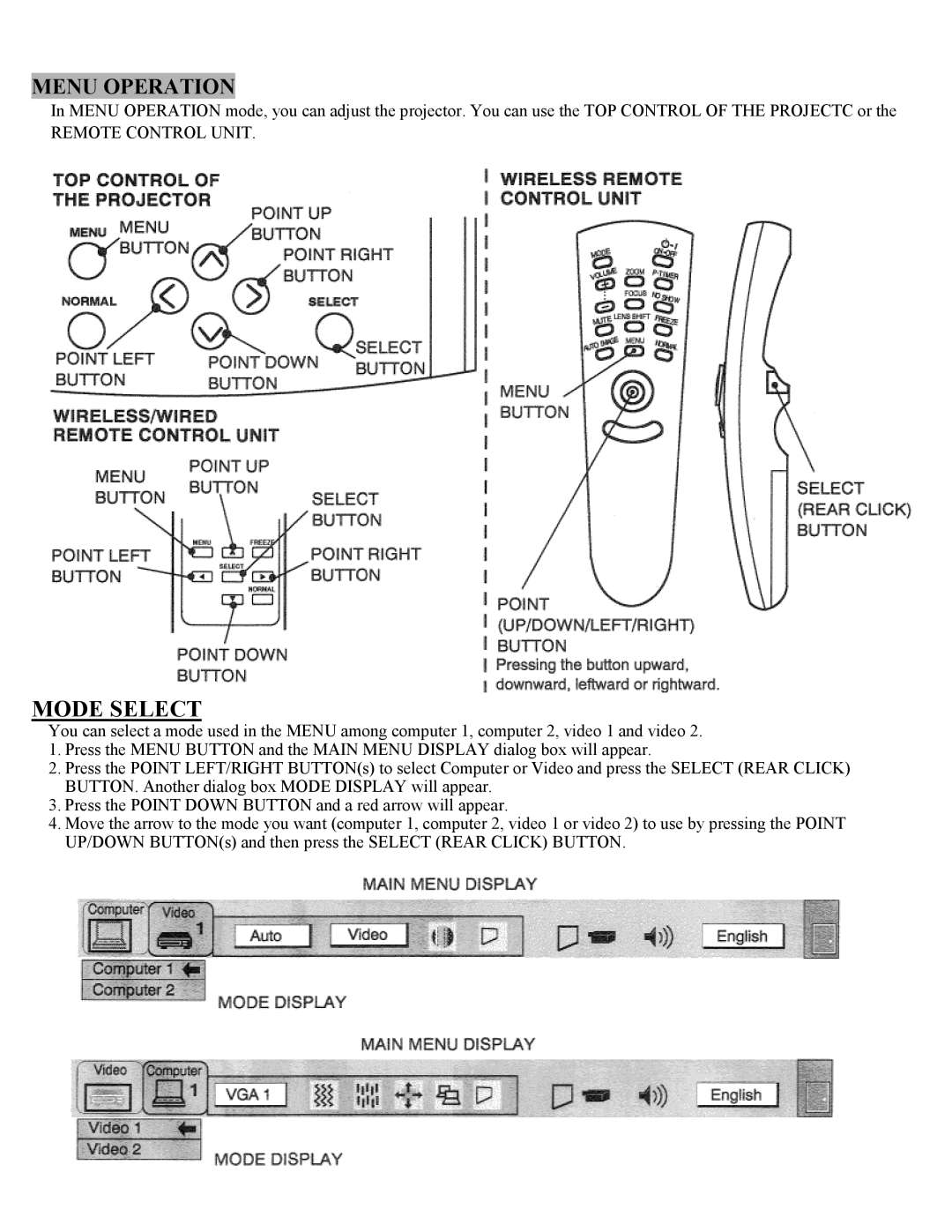 Eiki LC-X1UL, LC-X1UA instruction manual Mode Select, Menu Operation 