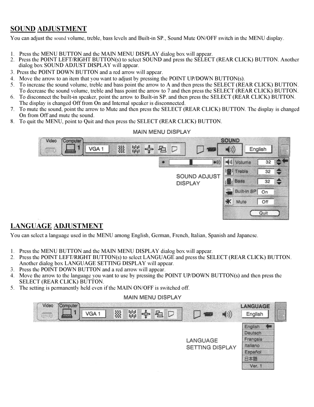 Eiki LC-X1UA, LC-X1UL instruction manual Sound Adjustment, Language Adjustment 