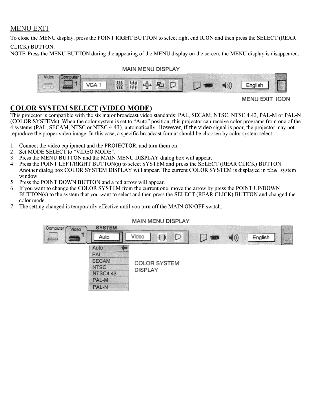 Eiki LC-X1UL, LC-X1UA instruction manual Menu Exit, Color System Select Video Mode 