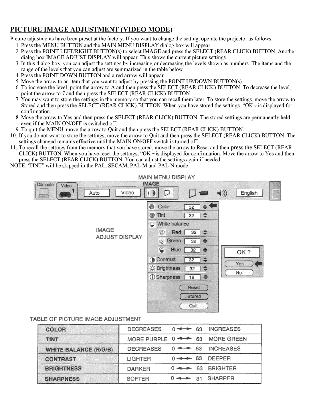 Eiki LC-X1UL, LC-X1UA instruction manual Picture Image Adjustment Video Mode 