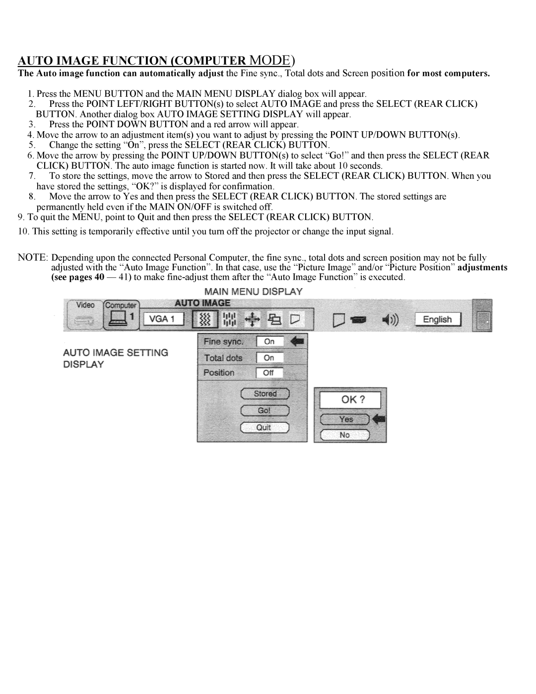 Eiki LC-X1UL, LC-X1UA instruction manual Auto Image Function Computer Mode 