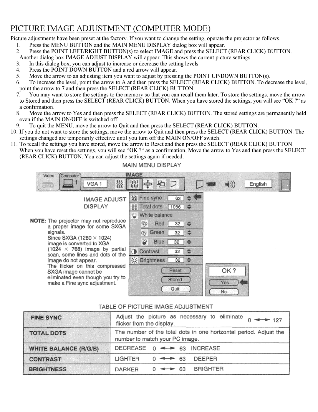 Eiki LC-X1UA, LC-X1UL instruction manual Picture Image Adjustment Computer Mode 