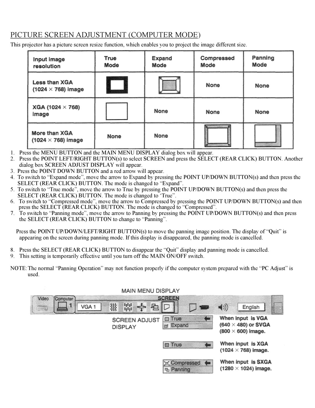 Eiki LC-X1UA, LC-X1UL instruction manual Picture Screen Adjustment Computer Mode 