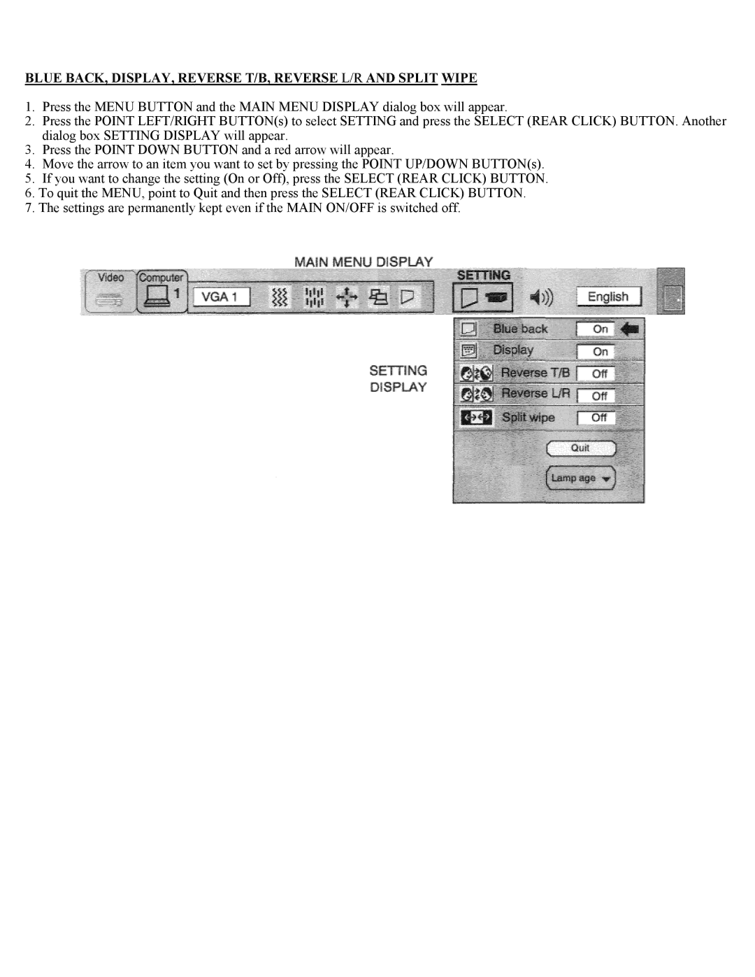 Eiki LC-X1UA, LC-X1UL instruction manual Blue BACK, DISPLAY, Reverse T/B, Reverse L/R and Split Wipe 