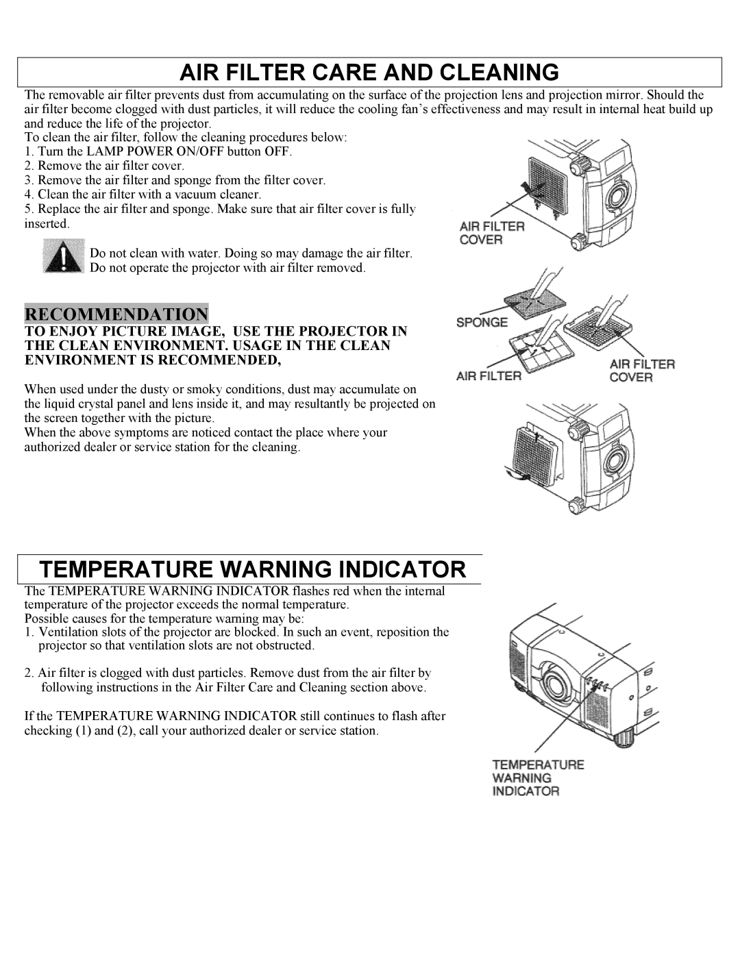 Eiki LC-X1UA, LC-X1UL instruction manual AIR Filter Care and Cleaning, Temperature Warning Indicator 