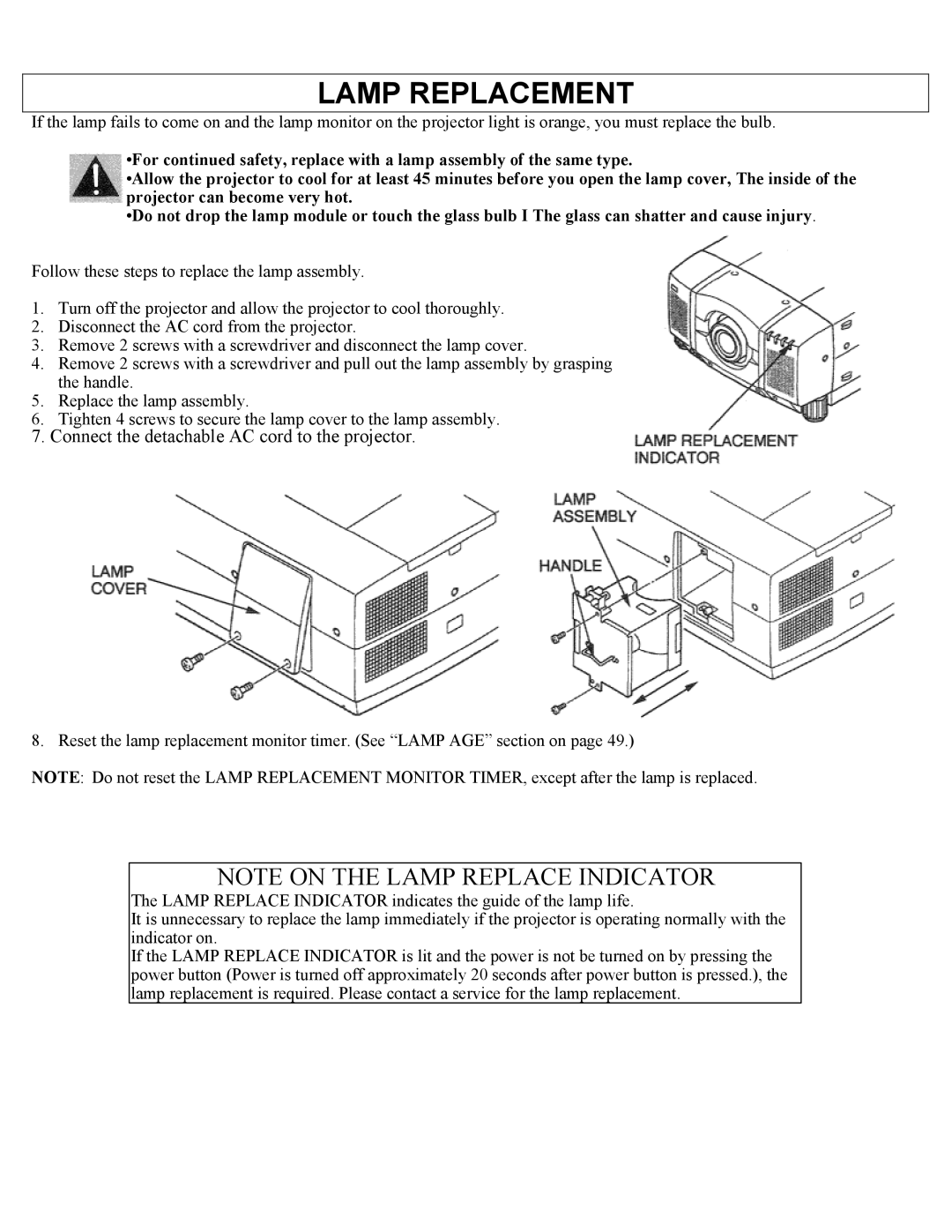 Eiki LC-X1UL, LC-X1UA instruction manual Lamp Replacement, Connect the detachable AC cord to the projector 