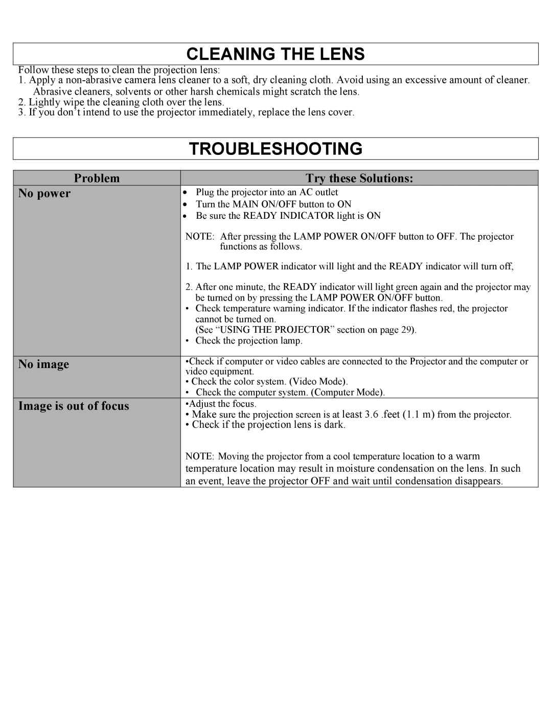 Eiki LC-X1UA, LC-X1UL instruction manual Cleaning the Lens, Troubleshooting 