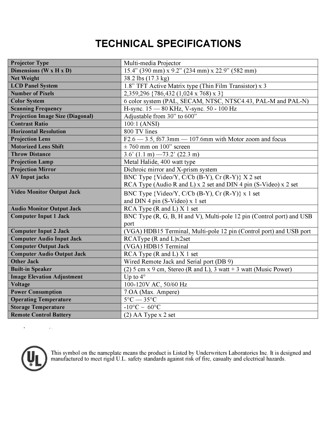 Eiki LC-X1UA, LC-X1UL instruction manual Technical Specifications, AA Type x 2 set 