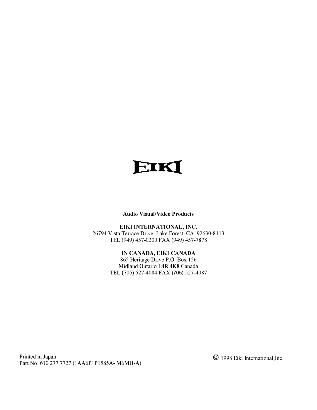 Eiki LC-X1UA, LC-X1UL instruction manual Eiki INTERNATIONAL, INC 