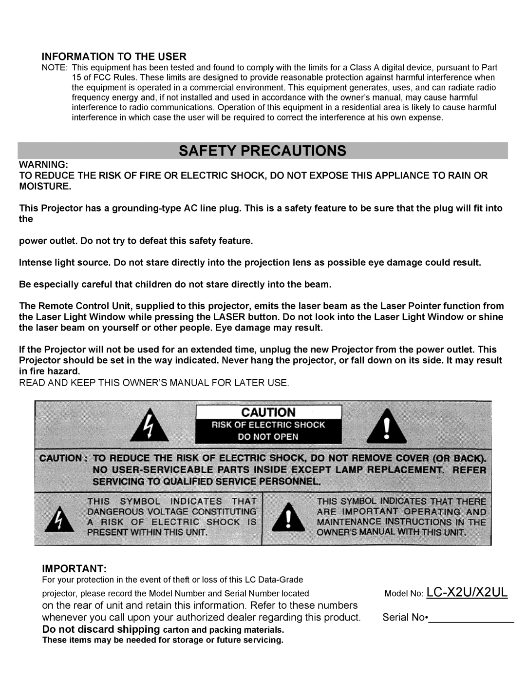 Eiki LC-X2UL instruction manual Safety Precautions 