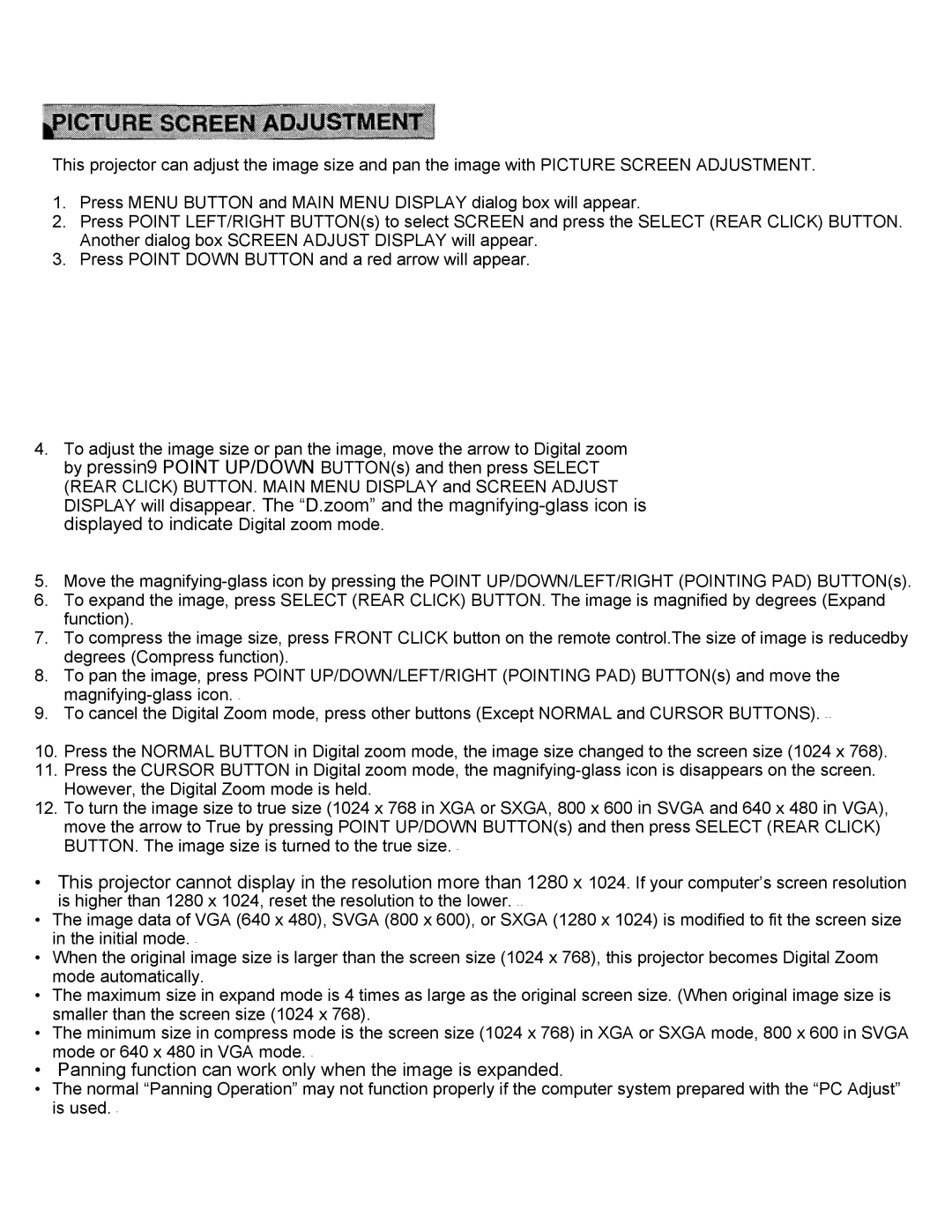 Eiki LC-X2UL instruction manual Panning function can work only when the image is expanded 