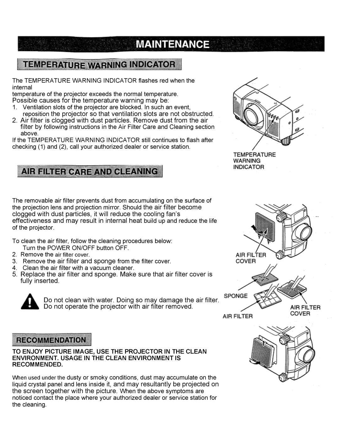 Eiki LC-X2UL instruction manual Possible causes for the temperature warning may be 