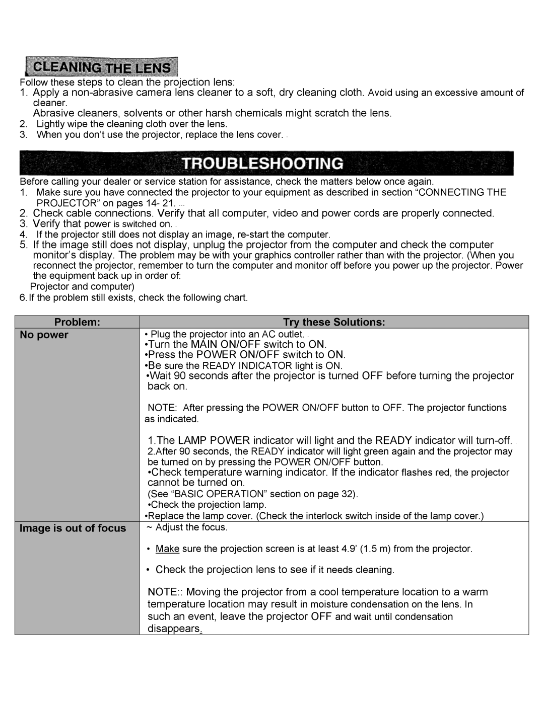 Eiki LC-X2UL Turn the Main ON/OFF switch to on, Press the Power ON/OFF switch to on, Back on, Cannot be turned on 