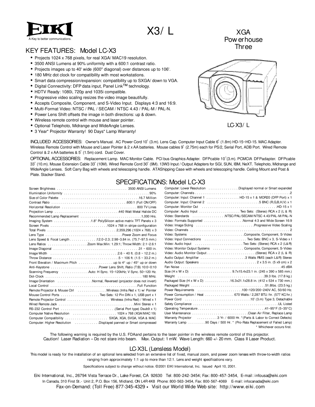 Eiki LC-X3L specifications X3/L, Xga, Powerhouse Three, KEY Features Model LC-X3, Specifications Model LC-X3 