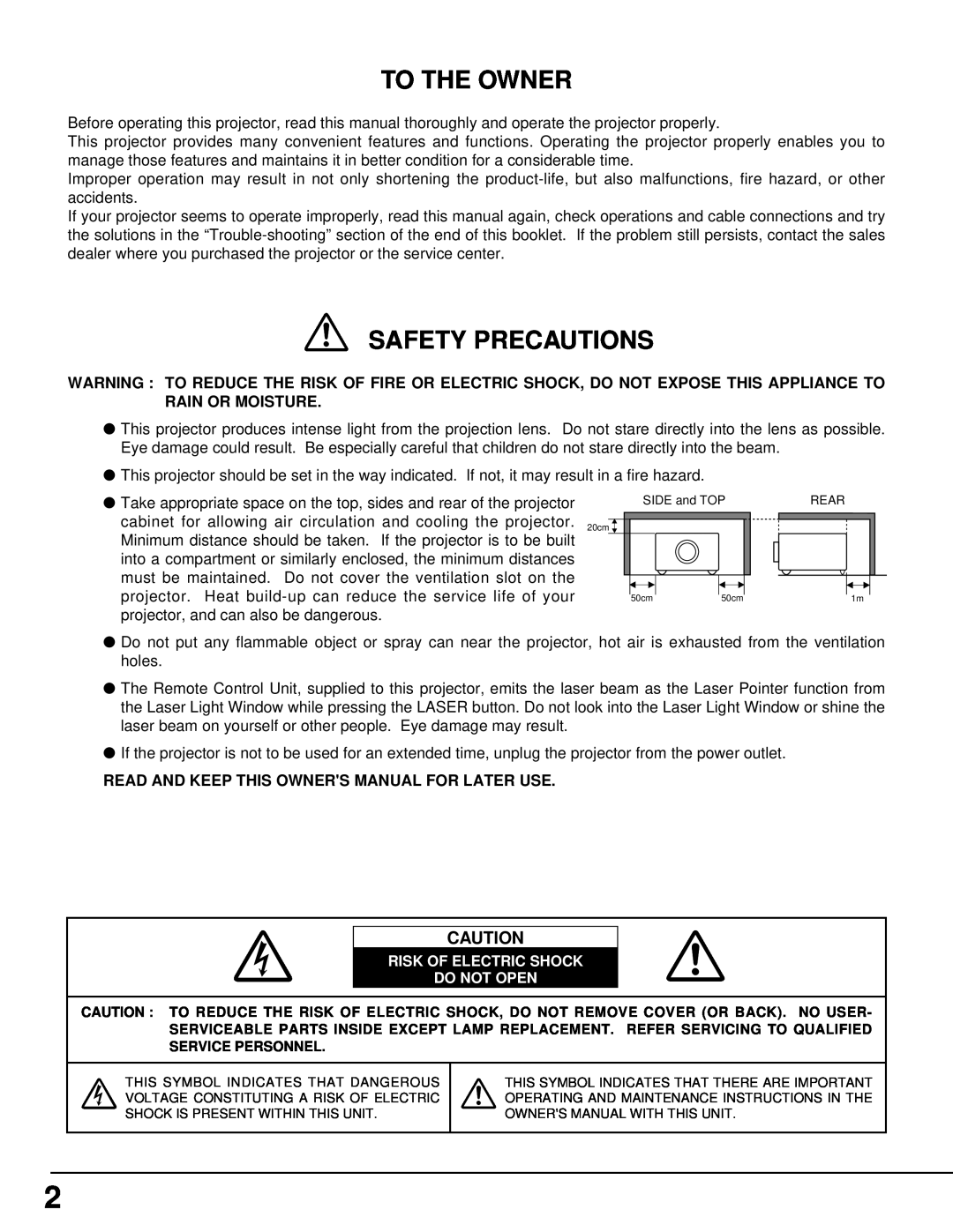 Eiki LC-X3/X3L instruction manual To The Owner, Safety Precautions, Read And Keep This Owners Manual For Later Use 