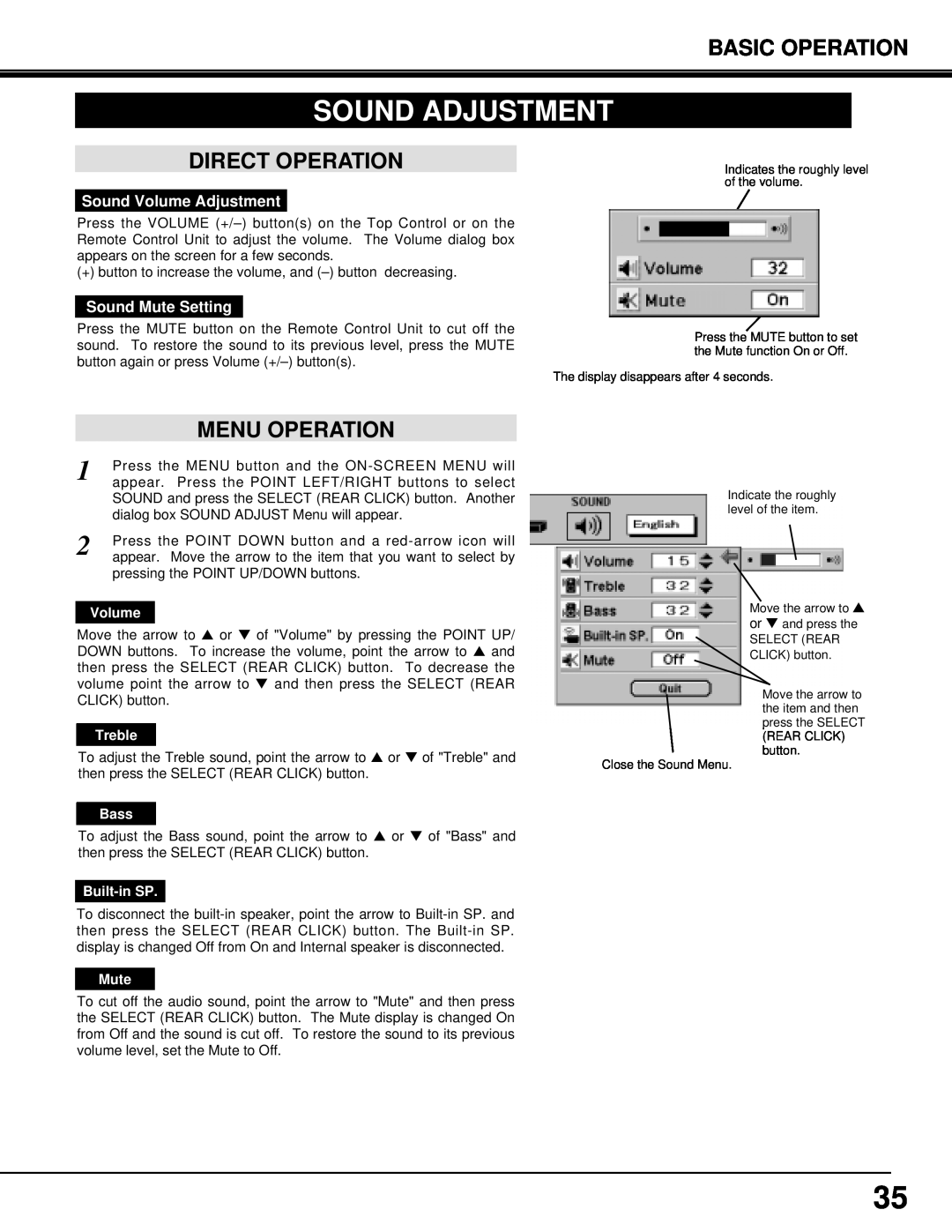Eiki LC-X3/X3L Sound Adjustment, Direct Operation, Menu Operation, Basic Operation, Volume, Treble, Bass, Built-in SP 