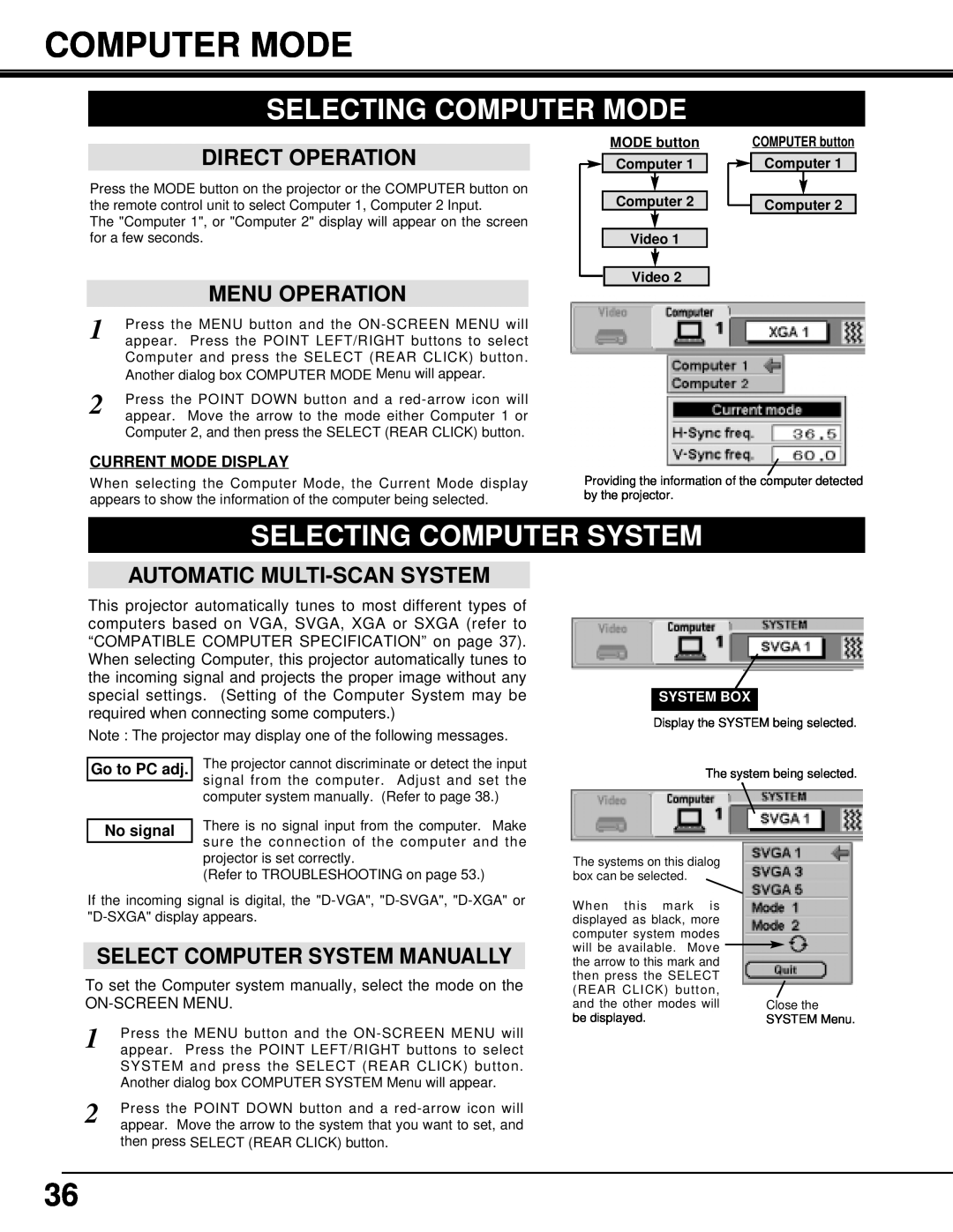 Eiki LC-X3/X3L Selecting Computer Mode, Selecting Computer System, Automatic Multi-Scan System, Current Mode Display 