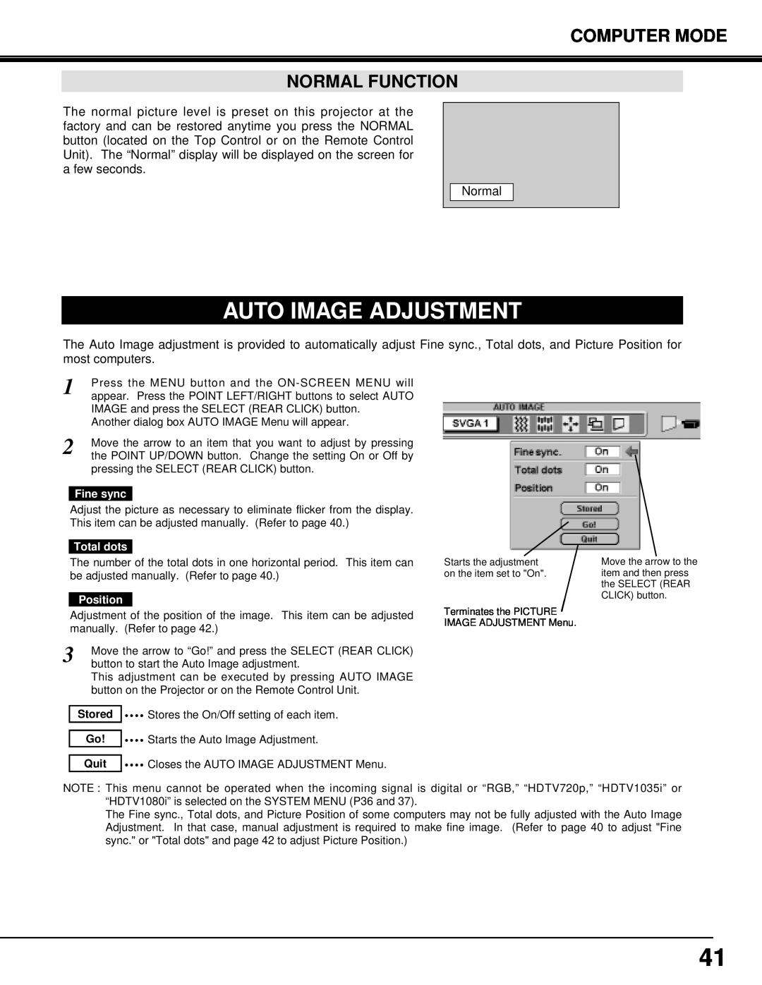 Eiki LC-X3/X3L instruction manual Auto Image Adjustment, Computer Mode Normal Function 