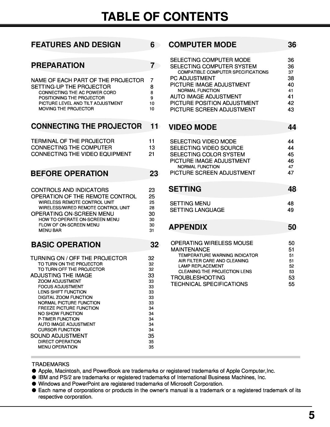 Eiki LC-X3/X3L Table Of Contents, Features And Design, Preparation, Computer Mode, Before Operation, Basic Operation 