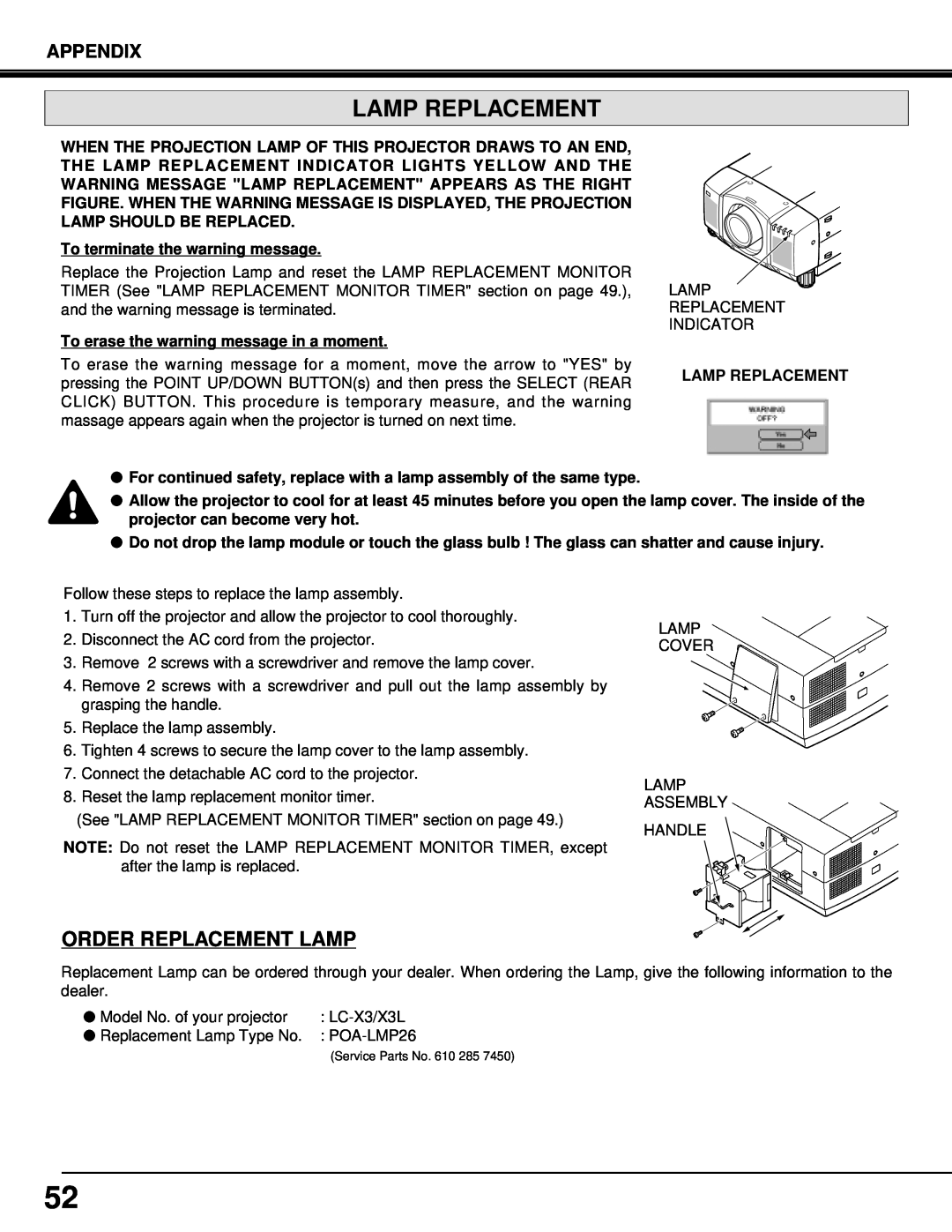 Eiki LC-X3/X3L instruction manual Lamp Replacement, Order Replacement Lamp, To terminate the warning message, Appendix 