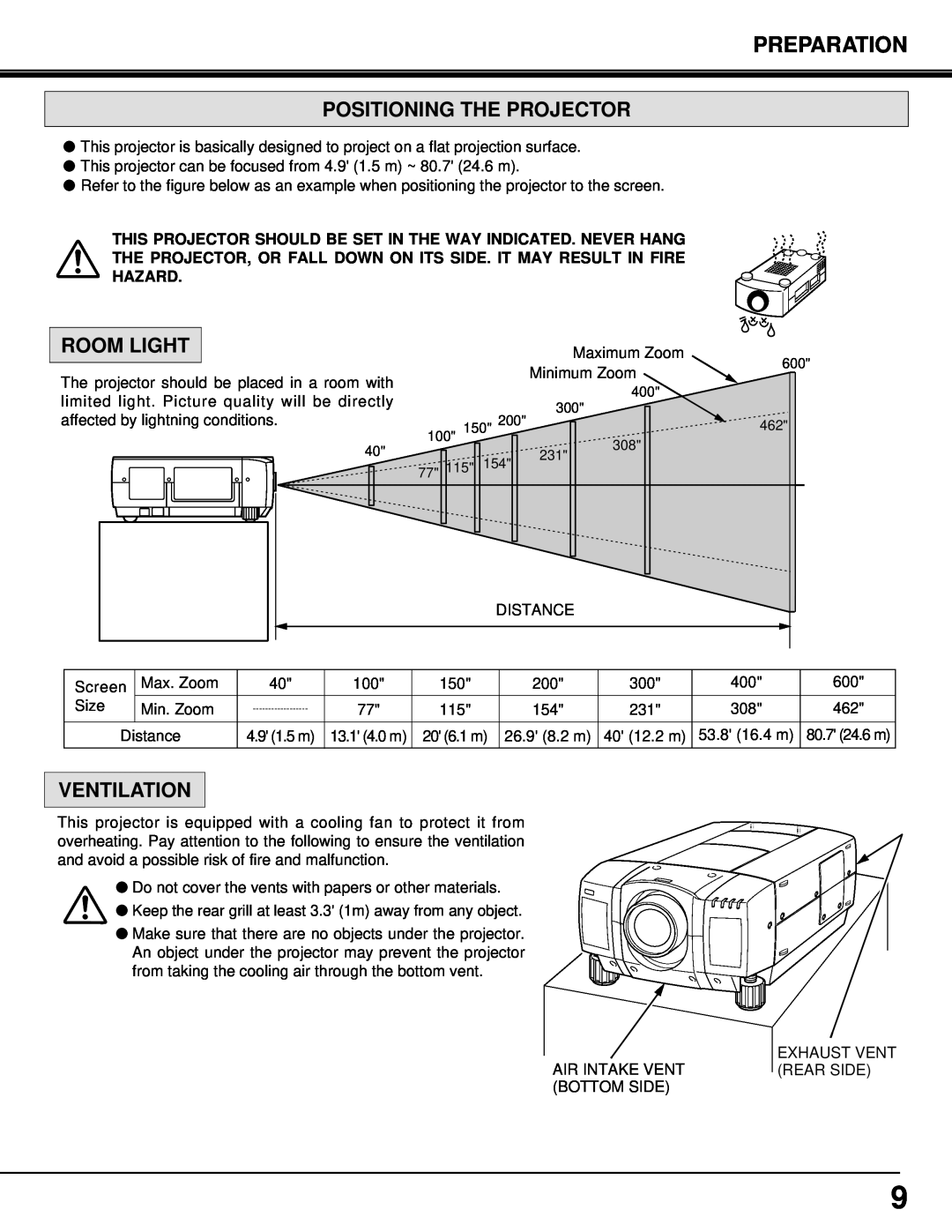 Eiki LC-X3/X3L instruction manual Positioning The Projector, Room Light, Ventilation, Preparation 