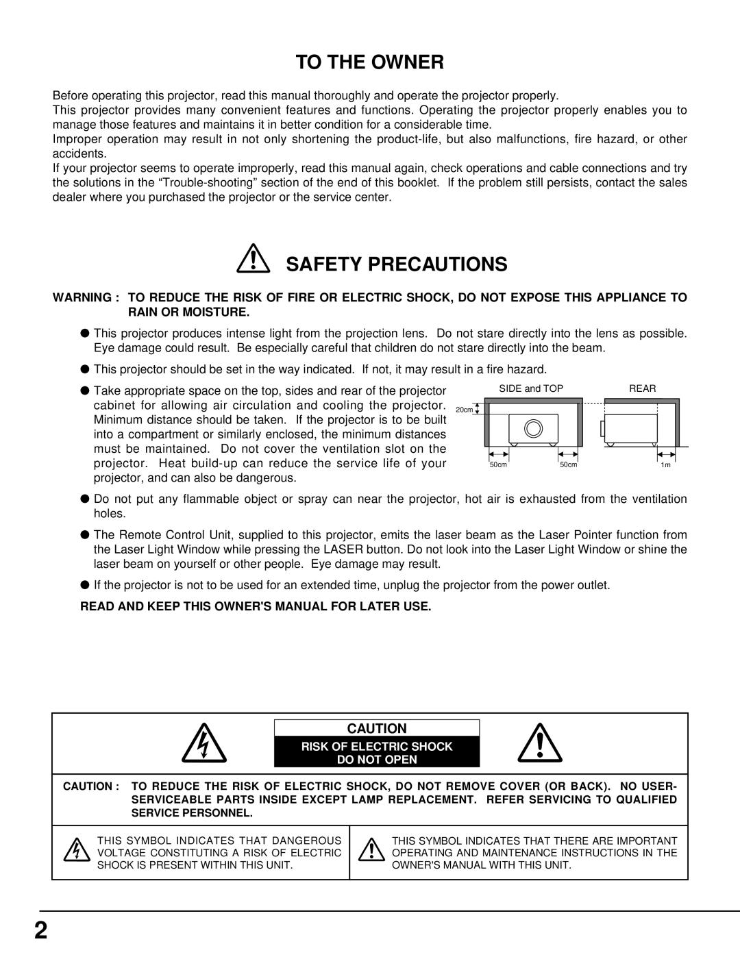 Eiki LC-X3/X3L instruction manual To the Owner 