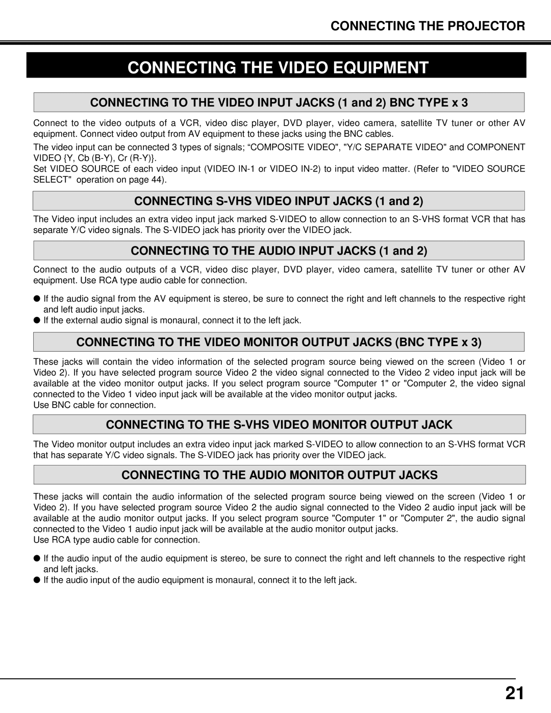 Eiki LC-X3/X3L instruction manual Connecting the Video Equipment, Connecting to the S-VHS Video Monitor Output Jack 