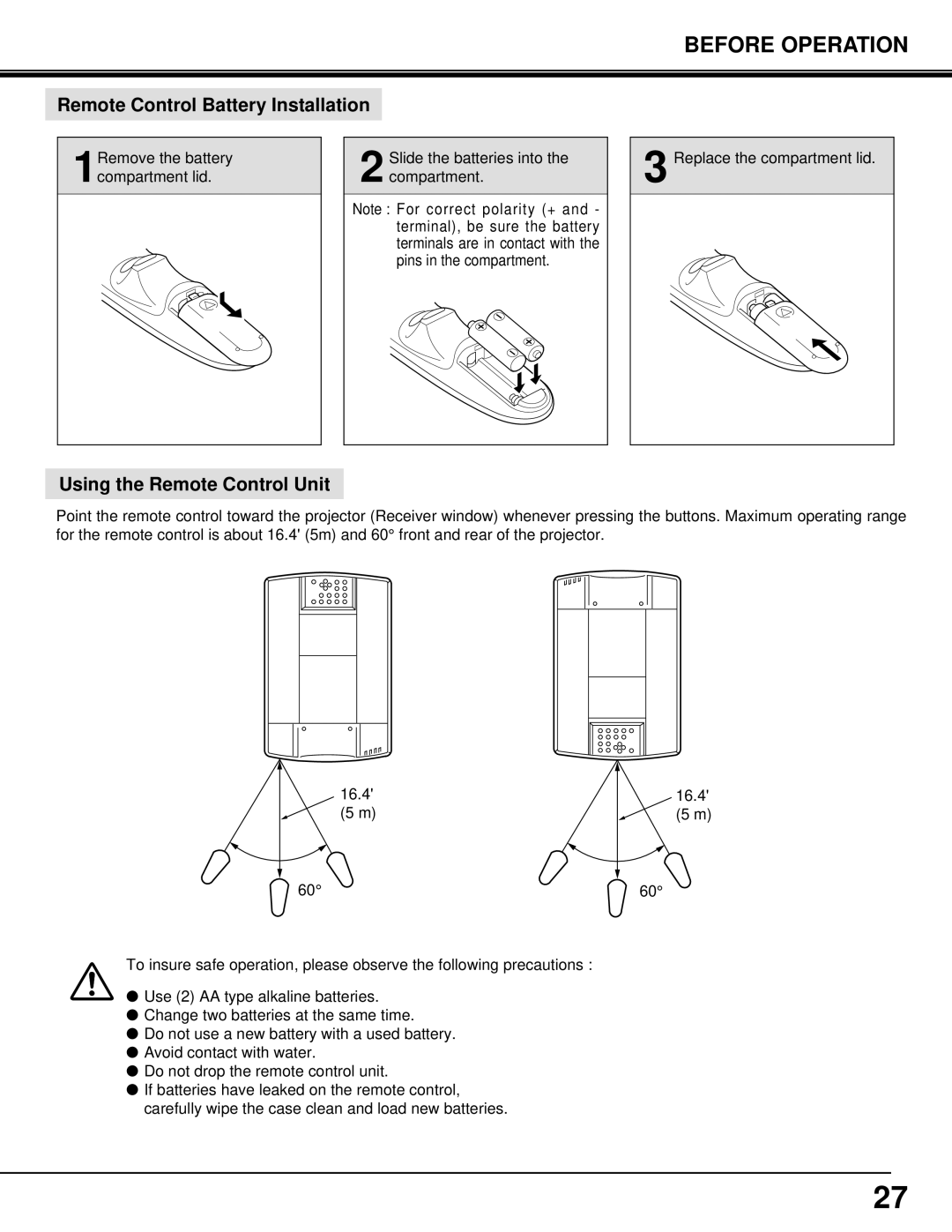 Eiki LC-X3/X3L instruction manual Remote Control Battery Installation 