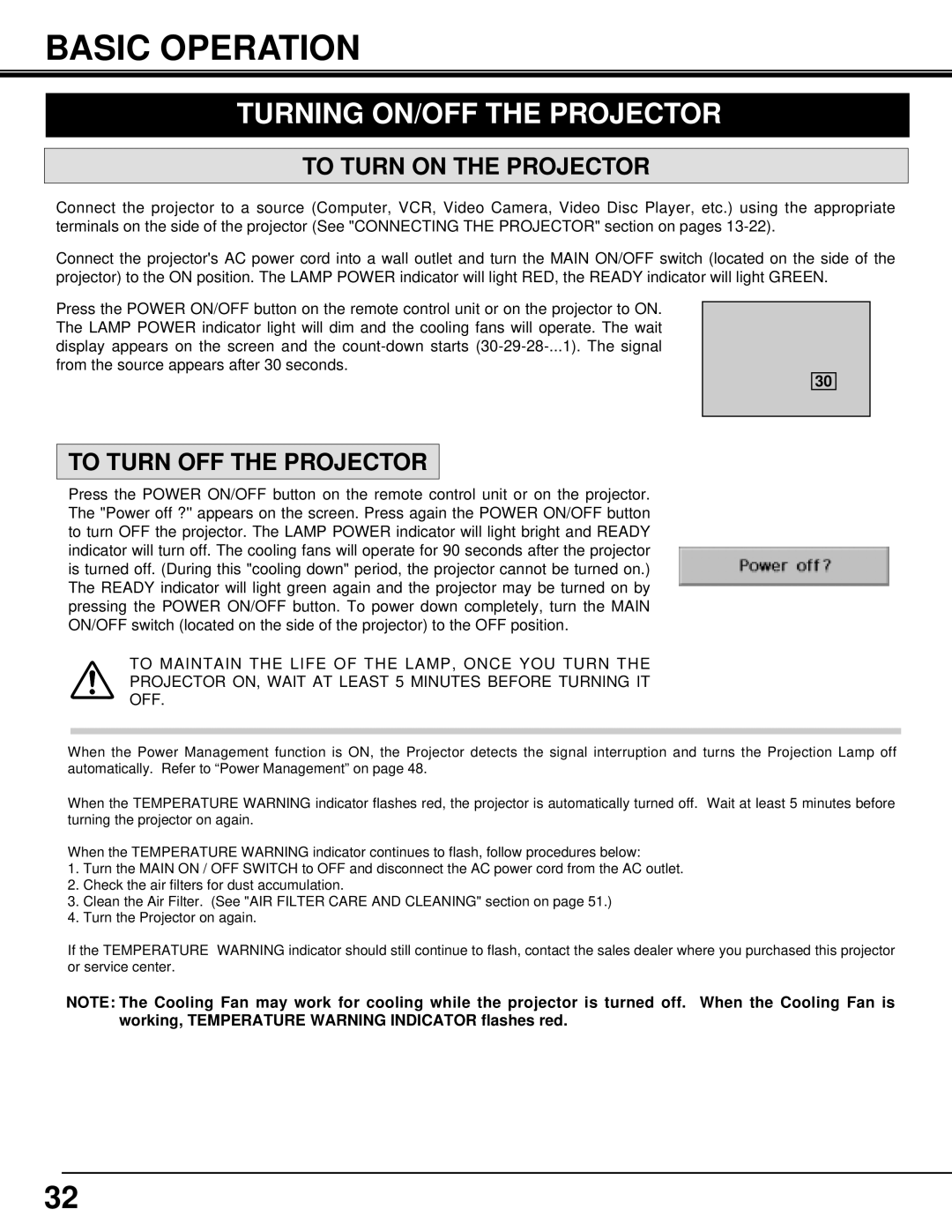 Eiki LC-X3/X3L Basic Operation, Turning ON/OFF the Projector, To Turn on the Projector, To Turn OFF the Projector 