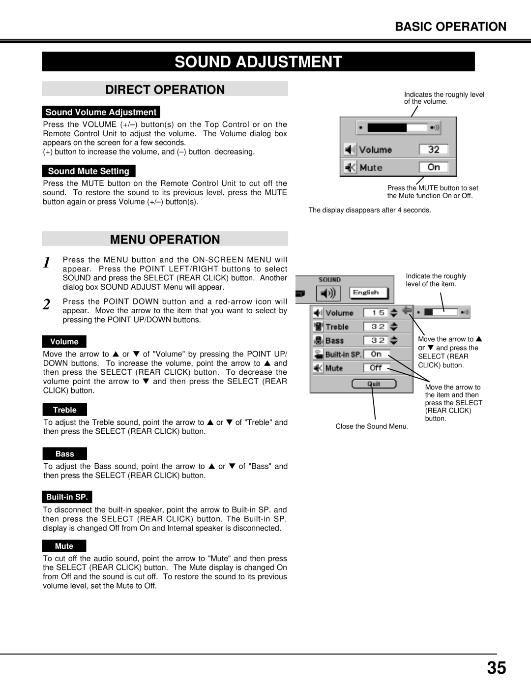 Eiki LC-X3/X3L instruction manual Sound Adjustment, Direct Operation, Menu Operation 