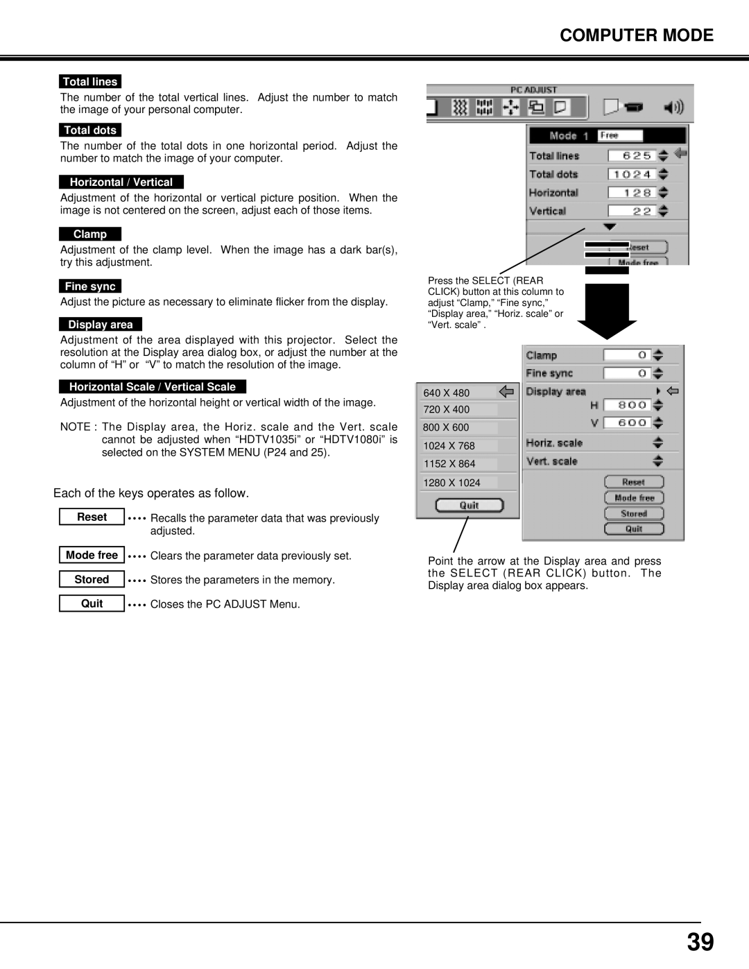 Eiki LC-X3/X3L instruction manual Total lines, Total dots, Horizontal / Vertical, Clamp, Fine sync, Display area 