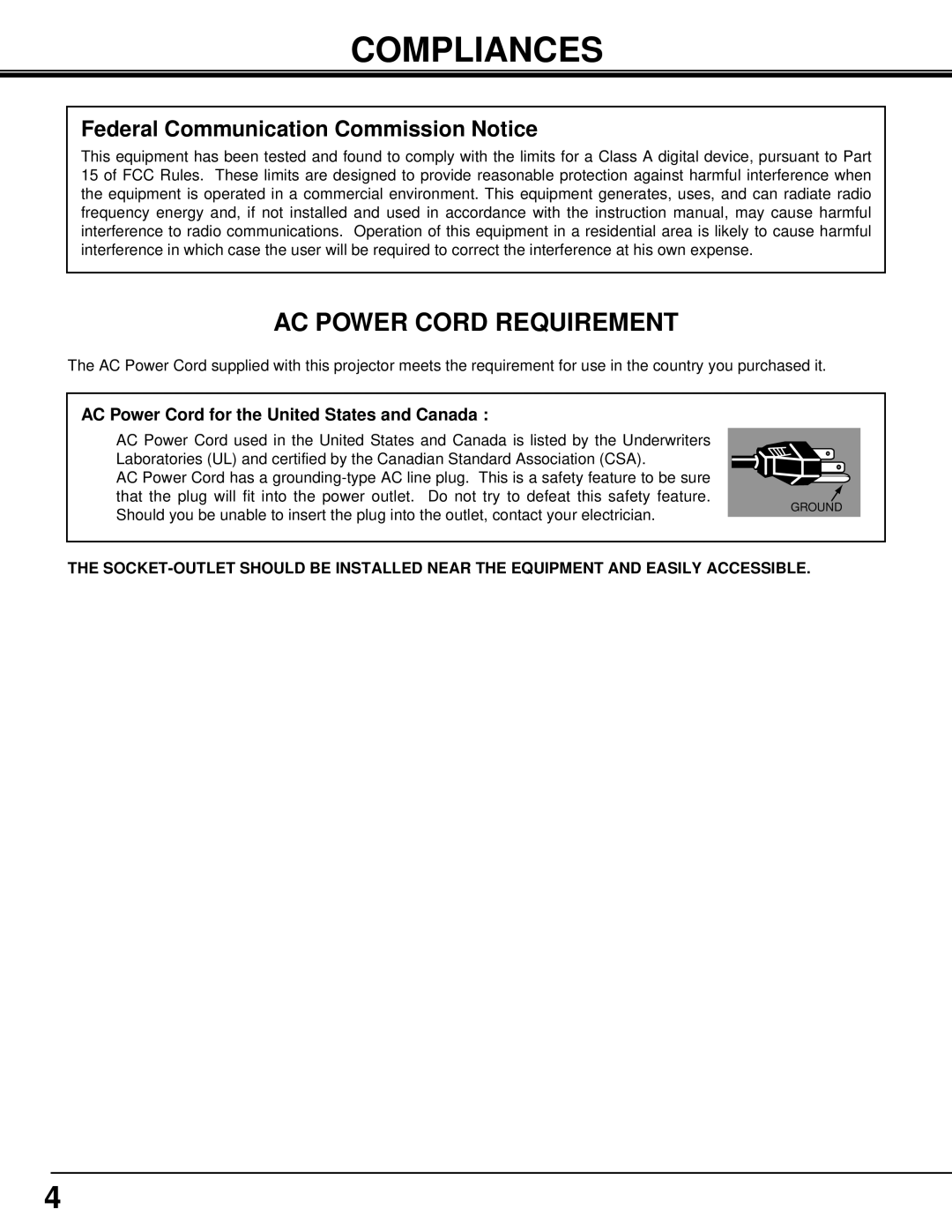 Eiki LC-X3/X3L instruction manual Compliances, AC Power Cord Requirement 