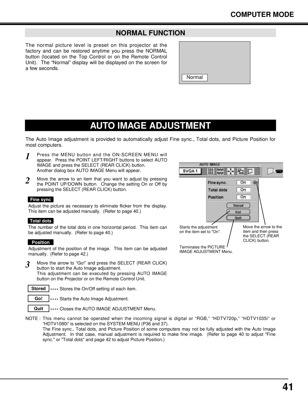 Eiki LC-X3/X3L instruction manual Computer Mode Normal Function, Position, Starts the Auto Image Adjustment 