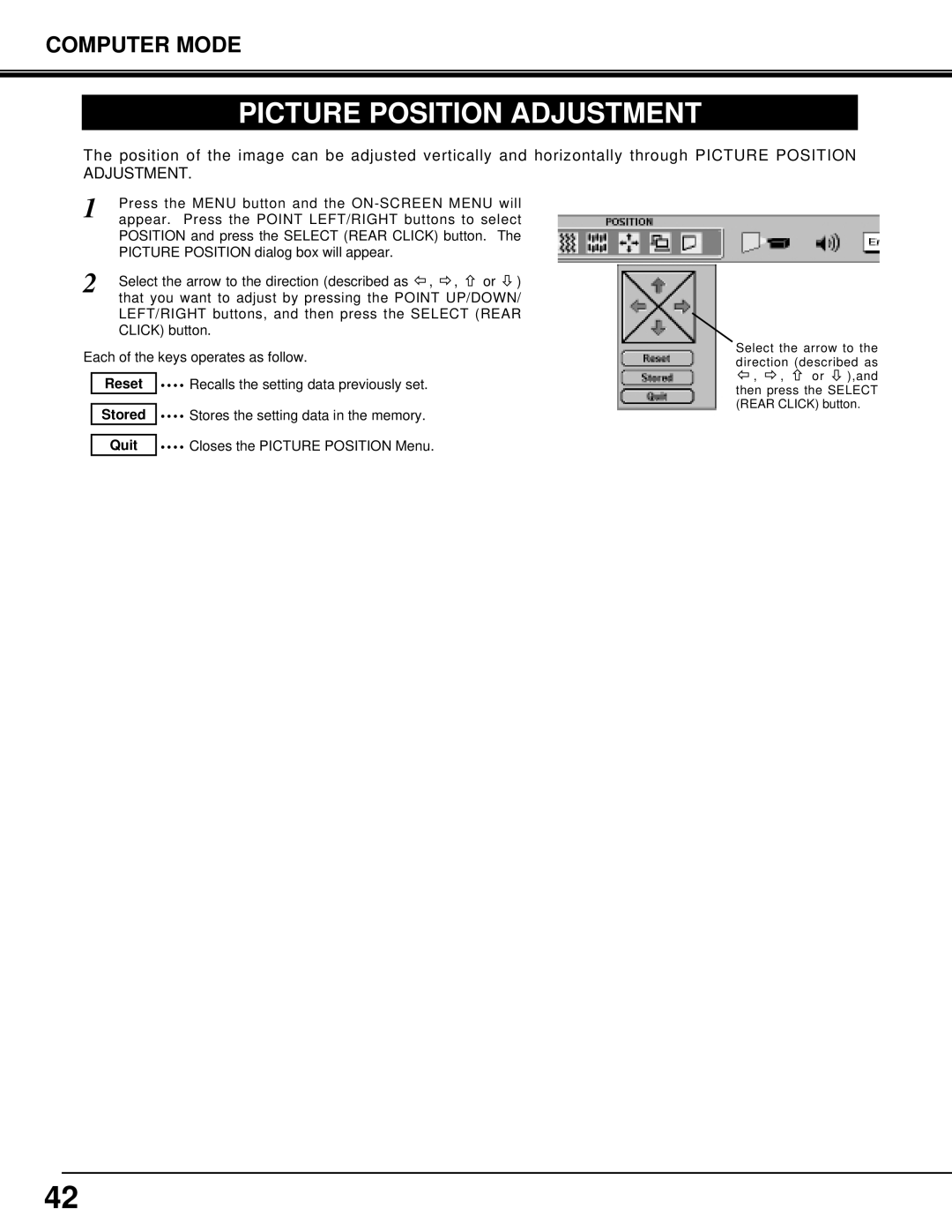 Eiki LC-X3/X3L instruction manual Picture Position Adjustment, Reset Recalls the setting data previously set 