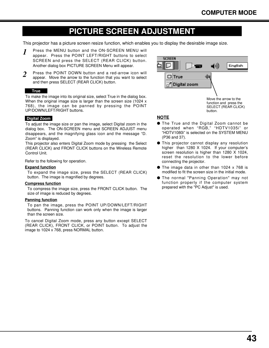 Eiki LC-X3/X3L instruction manual Picture Screen Adjustment, True, Digital Zoom 