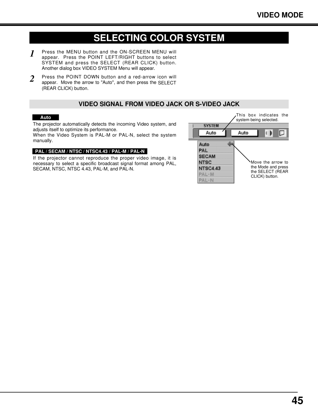 Eiki LC-X3/X3L instruction manual Selecting Color System, Auto 