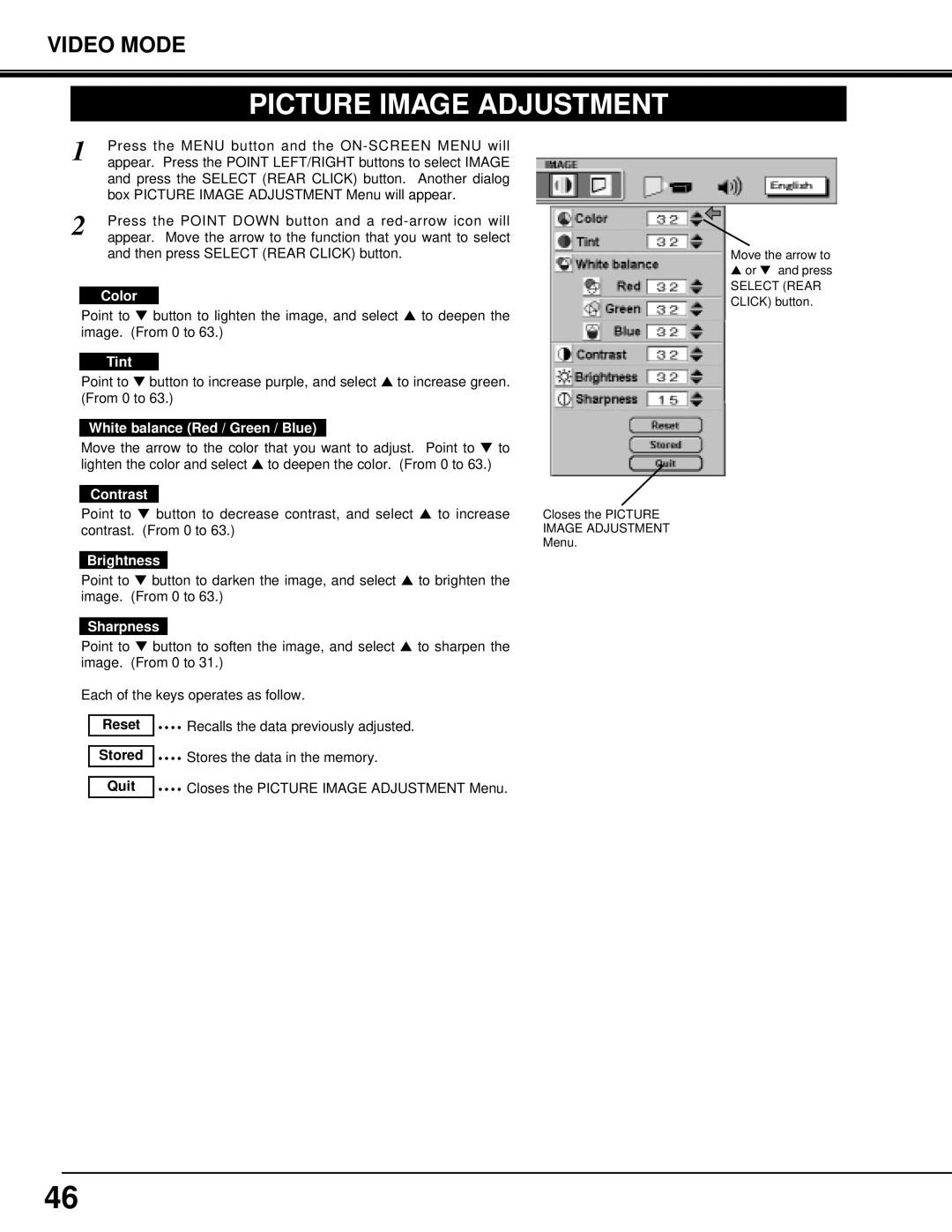 Eiki LC-X3/X3L instruction manual Picture Image Adjustment, Color, Tint 