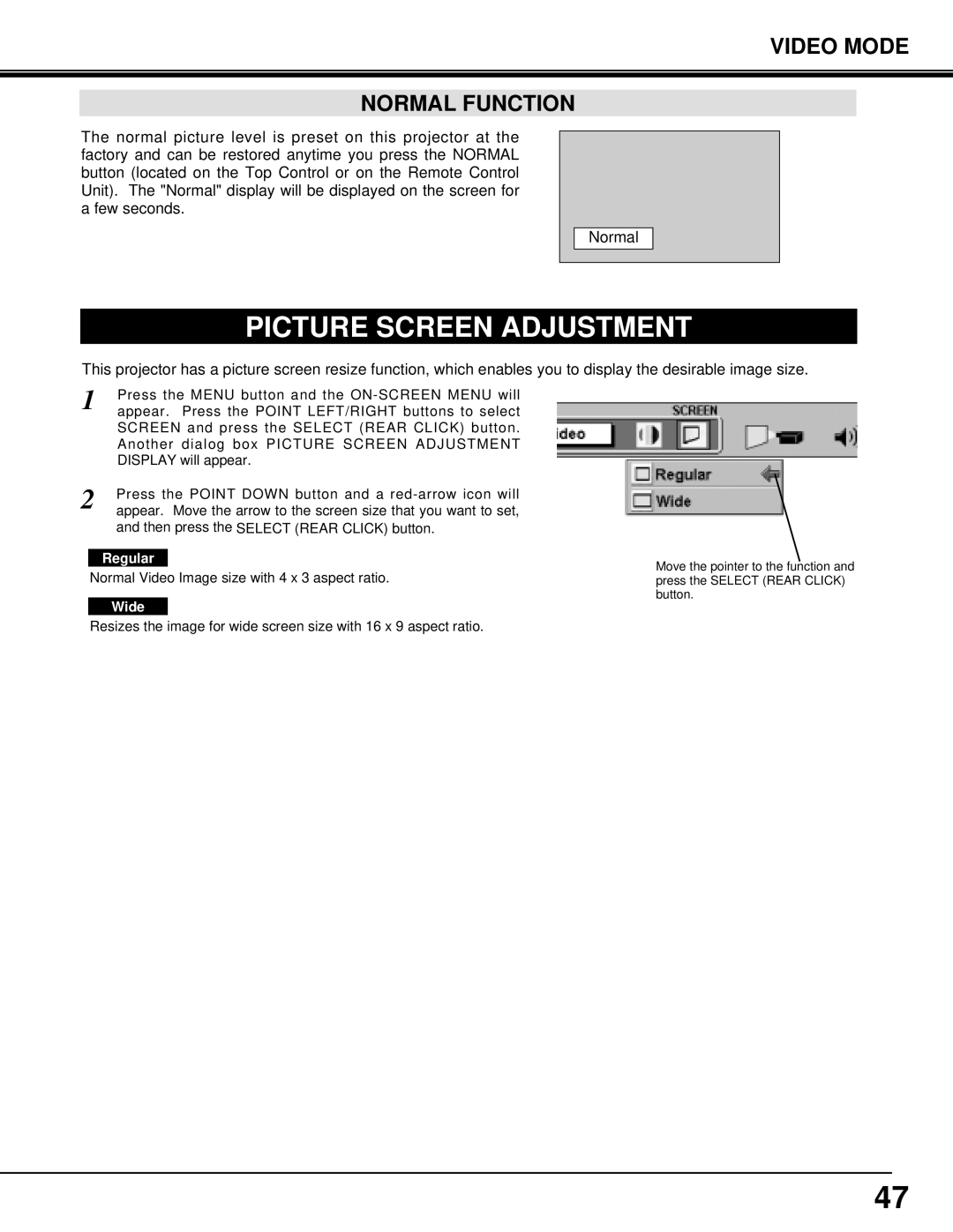 Eiki LC-X3/X3L instruction manual Video Mode Normal Function, Regular, Wide 