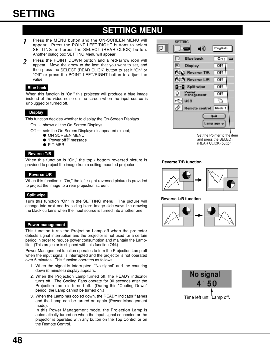 Eiki LC-X3/X3L instruction manual Setting Menu 