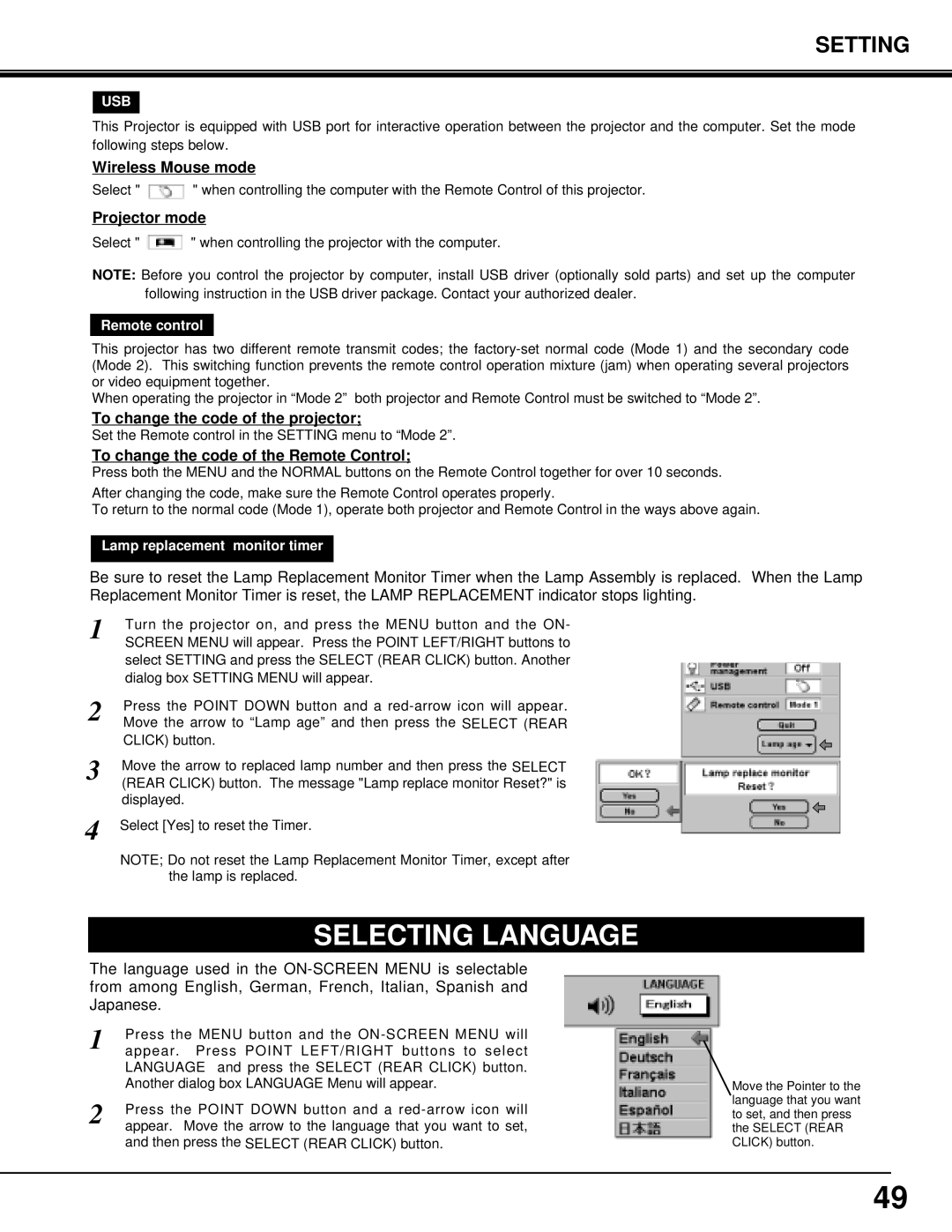 Eiki LC-X3/X3L instruction manual Usb, Remote control 