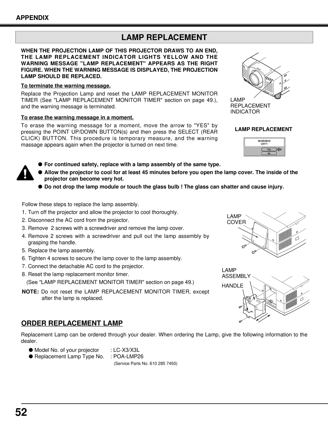 Eiki LC-X3/X3L instruction manual Lamp Replacement, Order Replacement Lamp 