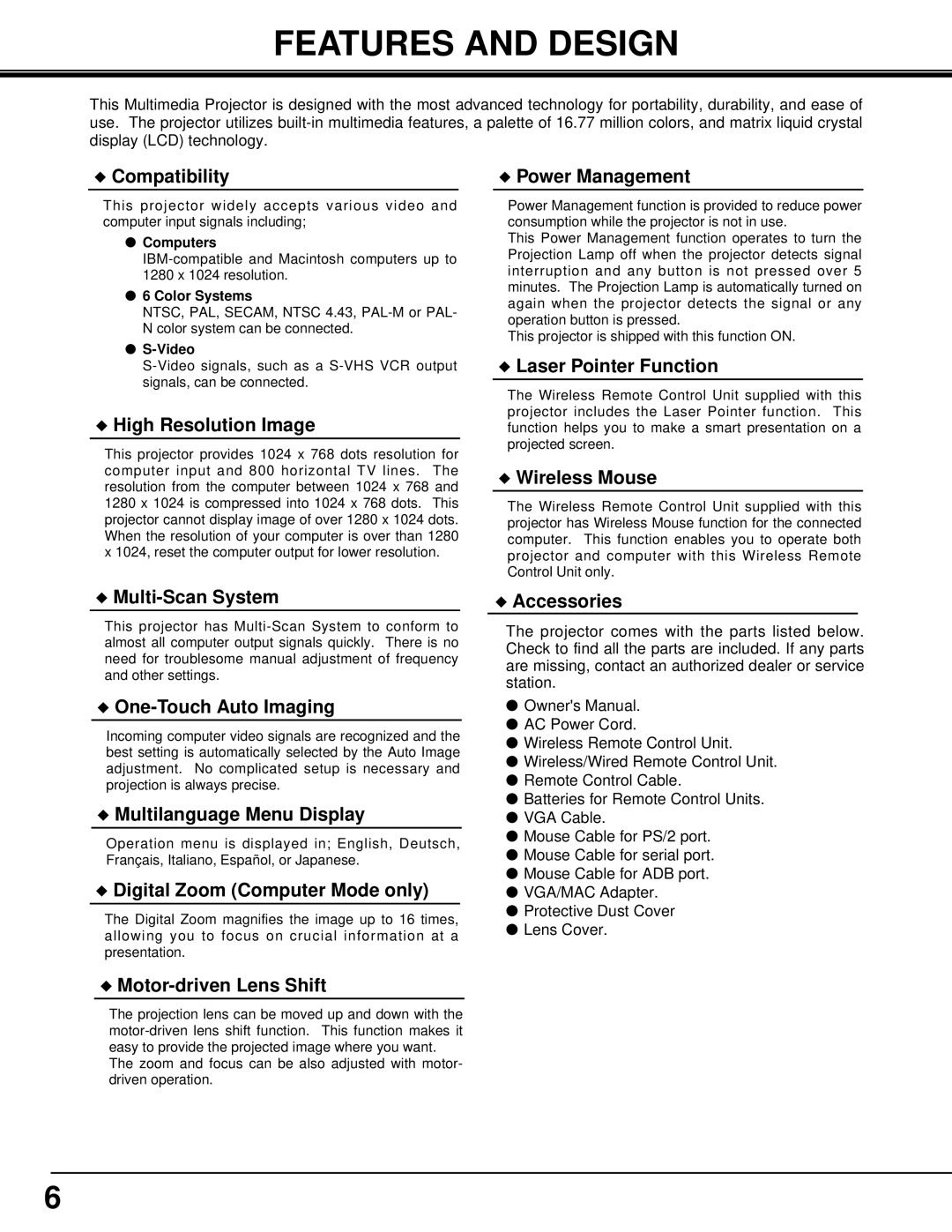 Eiki LC-X3/X3L instruction manual Features and Design, Computers, Color Systems, Video 