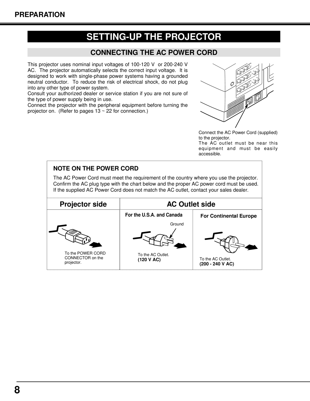 Eiki LC-X3/X3L instruction manual SETTING-UP the Projector, Connecting the AC Power Cord, 200 240 V AC 