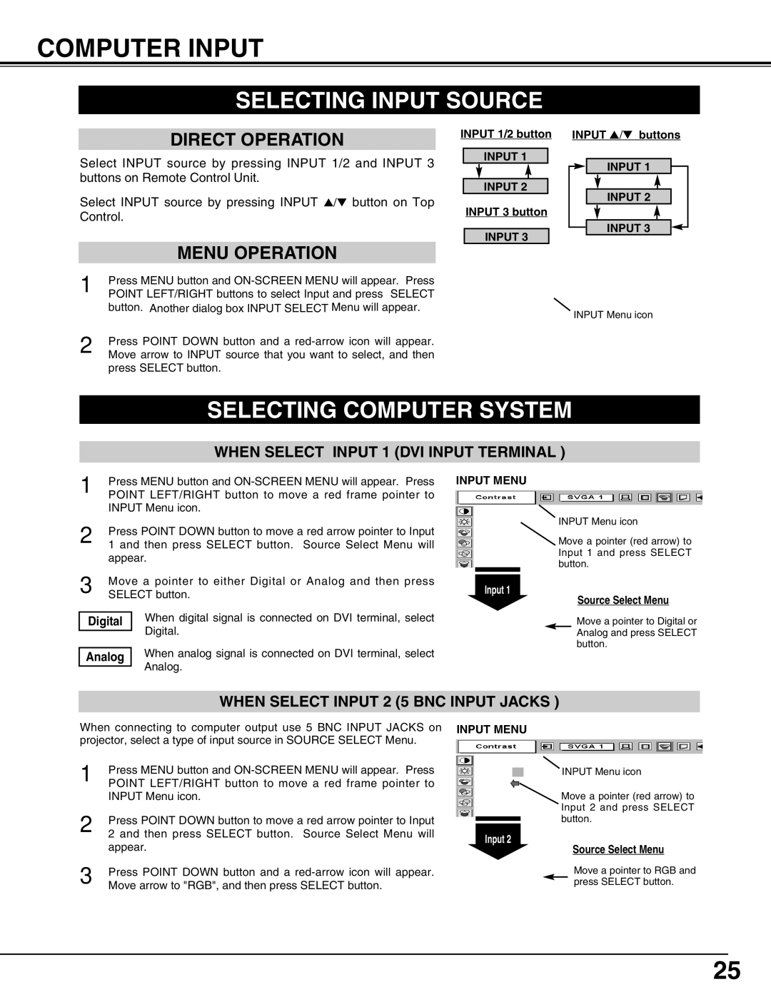 Eiki LC-X4A instruction manual Computer Input, Selecting Input Source, Selecting Computer System, Input Menu 