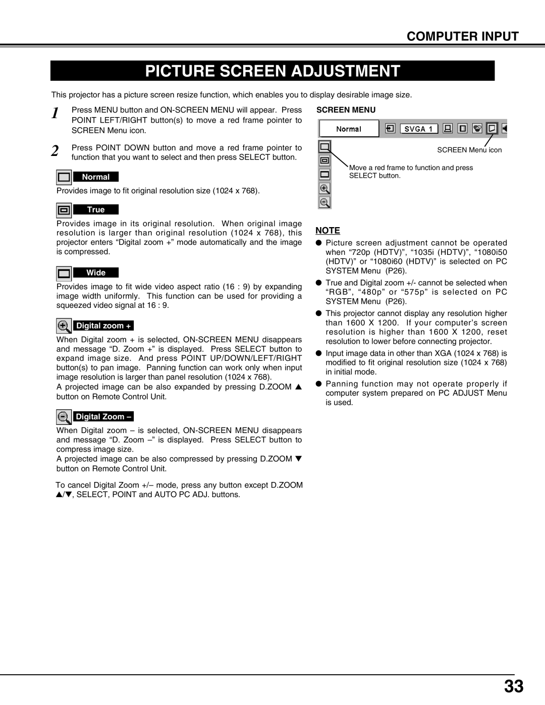 Eiki LC-X4A instruction manual Picture Screen Adjustment, Screen Menu 