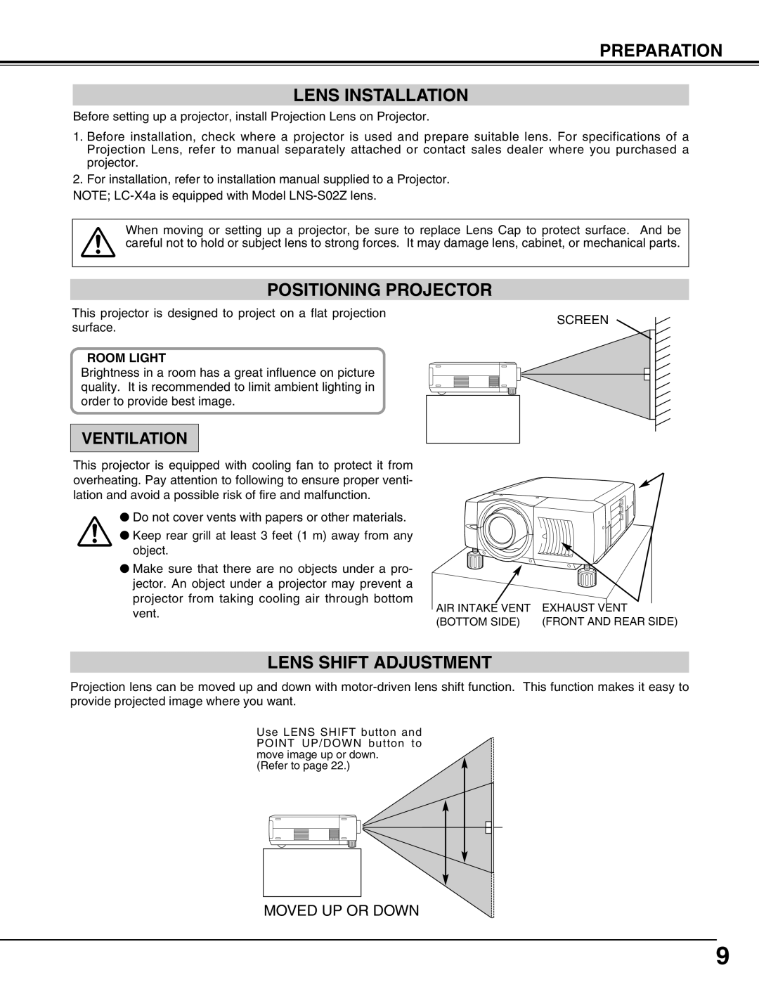 Eiki LC-X4A instruction manual Preparation Lens Installation, Positioning Projector, Lens Shift Adjustment 