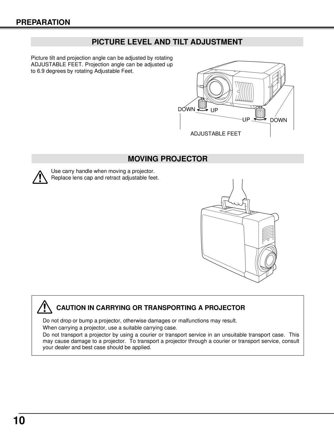 Eiki LC-X5 instruction manual Preparation Picture Level and Tilt Adjustment, Moving Projector 